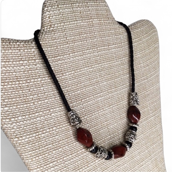 Vintage Red Jasper Necklace – Artisan Silver Accents on Braided Cord - Picture 6 of 13